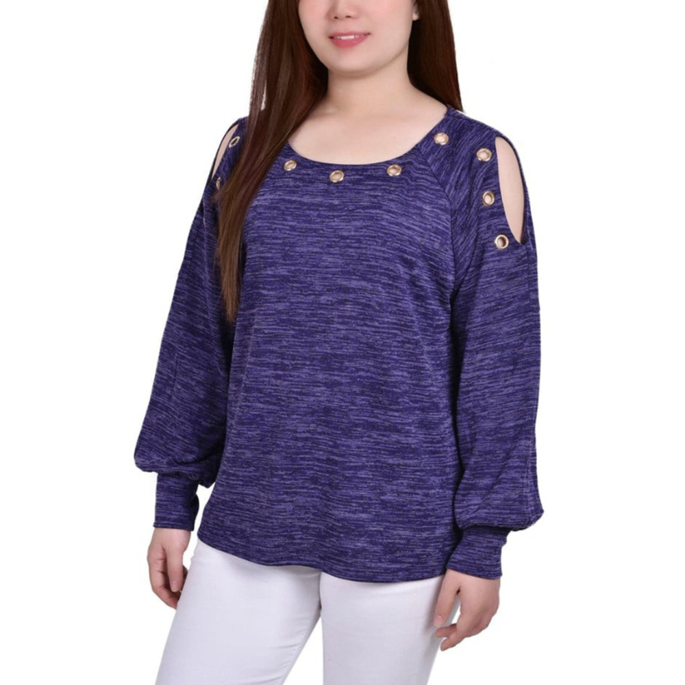 NY Collection Women's Large Petite Purple Cut-Out Grommet Blouse NWT